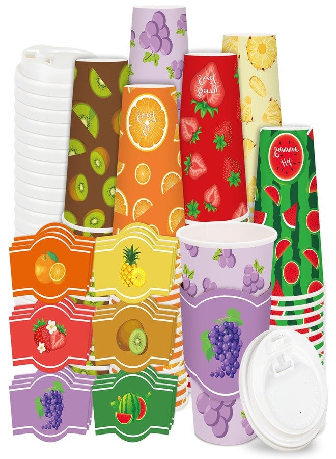 JarThenaAMCS 90 Set Fruit Disposable Coffee Cups with Lids and Sleeves Strawberry Watermelon Orange Pineapple Grape Kiwi Paper Drinking Cups for?Fruit Party Supplies - Image 1